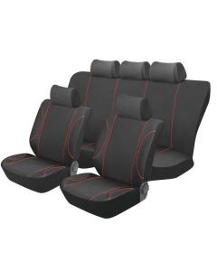 Autogear 11 Piece Austin Polyester Seat Cover Set Black Red Stitch